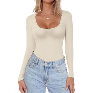 Ekouaer Women Long Sleeve Shirt Scoop Neck Tops Slim Fit Basic Top Thermal Undershirts Base Layer Tee(Beige)