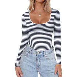 Ekouaer Women Long Sleeve Shirt Scoop Neck Tops Slim Fit Basic Top Thermal Undershirts Base Layer Tee(Black Blue Stripe)