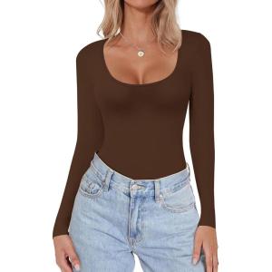 Ekouaer Women Long Sleeve Shirt Scoop Neck Tops Slim Fit Basic Top Thermal Undershirts Base Layer Tee(Coffee)