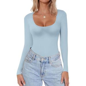 Ekouaer Women Long Sleeve Shirt Scoop Neck Tops Slim Fit Basic Top Thermal Undershirts Base Layer Tee(Light Blue)