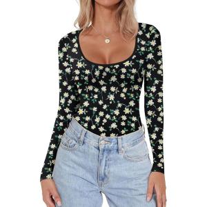 Ekouaer Women Long Sleeve Shirt Scoop Neck Tops Slim Fit Basic Top Thermal Undershirts Base Layer Tee(Little Daisy)