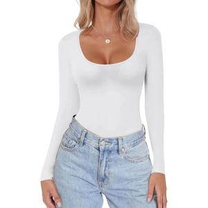 Ekouaer Women Long Sleeve Shirt Scoop Neck Tops Slim Fit Basic Top Thermal Undershirts Base Layer Tee(White)