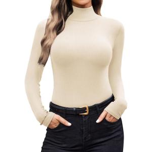Ekouaer Women Turtleneck Shirt Long Sleeve Layer Tops Basic Ribbed Tees Soft Stretch Thermal Undershirts Lightweight Blouse(Beige)
