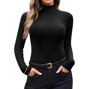 Ekouaer Women Turtleneck Shirt Long Sleeve Layer Tops Basic Ribbed Tees Soft Stretch Thermal Undershirts Lightweight Blouse(Black)