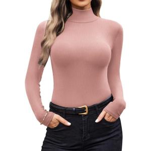 Ekouaer Women Turtleneck Shirt Long Sleeve Layer Tops Basic Ribbed Tees Soft Stretch Thermal Undershirts Lightweight Blouse(Dirty Pink)