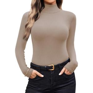 Ekouaer Women Turtleneck Shirt Long Sleeve Layer Tops Basic Ribbed Tees Soft Stretch Thermal Undershirts Lightweight Blouse(Khaki-2)