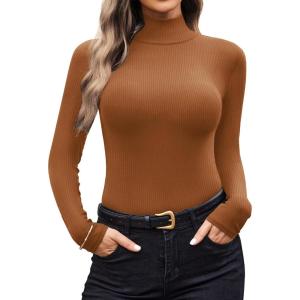 Ekouaer Women Turtleneck Shirt Long Sleeve Layer Tops Basic Ribbed Tees Soft Stretch Thermal Undershirts Lightweight Blouse(Light Brown)