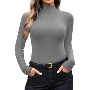 Ekouaer Women Turtleneck Shirt Long Sleeve Layer Tops Basic Ribbed Tees Soft Stretch Thermal Undershirts Lightweight Blouse(Light Gray)