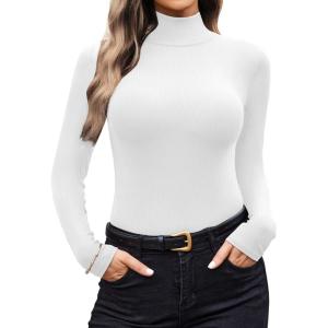 Ekouaer Women Turtleneck Shirt Long Sleeve Layer Tops Basic Ribbed Tees Soft Stretch Thermal Undershirts Lightweight Blouse(White)