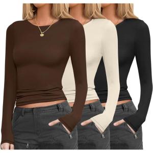 Ekouaer Womens 3 Pack Long Sleeve Shirts Fitted Tops Base Layering Tight Thermal Undershirts XS-XXL(Black/Beige/Brown)