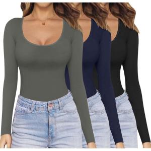 Ekouaer Womens 3 Pack Long Sleeve Shirts Scoop Neck Tops Stretch Fitted Undershirt Lightweight Basic Thermal Tee XS-XXL(Black/Darkgrey/Navy Blue)