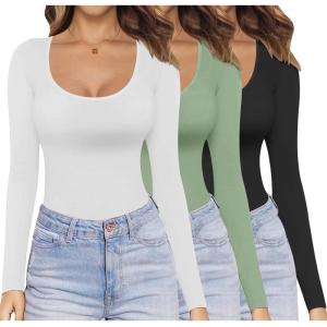 Ekouaer Womens 3 Pack Long Sleeve Shirts Scoop Neck Tops Stretch Fitted Undershirt Lightweight Basic Thermal Tee XS-XXL(Black/White/Celadon Green)