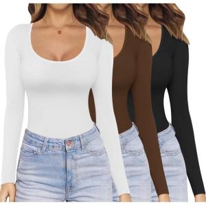 Ekouaer Womens 3 Pack Long Sleeve Shirts Scoop Neck Tops Stretch Fitted Undershirt Lightweight Basic Thermal Tee XS-XXL(Black/White/Coffee)