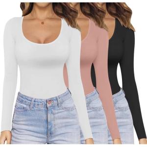 Ekouaer Womens 3 Pack Long Sleeve Shirts Scoop Neck Tops Stretch Fitted Undershirt Lightweight Basic Thermal Tee XS-XXL(Black/White/Dusty Pink)