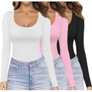 Ekouaer Womens 3 Pack Long Sleeve Shirts Scoop Neck Tops Stretch Fitted Undershirt Lightweight Basic Thermal Tee XS-XXL(Black/White/Pink)