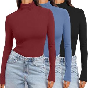 Ekouaer Women’s 3 Pack Turtleneck Long Sleeve Shirts Slim Fit Thermal Underwear Tops Lightweight Pullover Tees(Black/Blue/Wine)