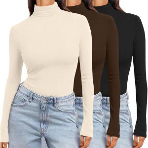 Ekouaer Women’s 3 Pack Turtleneck Long Sleeve Shirts Slim Fit Thermal Underwear Tops Lightweight Pullover Tees(Black/Brown/Beige)