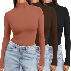 Ekouaer Women’s 3 Pack Turtleneck Long Sleeve Shirts Slim Fit Thermal Underwear Tops Lightweight Pullover Tees(Black/Caramel/Brown)