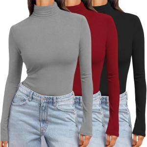 Ekouaer Women’s 3 Pack Turtleneck Long Sleeve Shirts Slim Fit Thermal Underwear Tops Lightweight Pullover Tees(Black/Red/Light Grey)