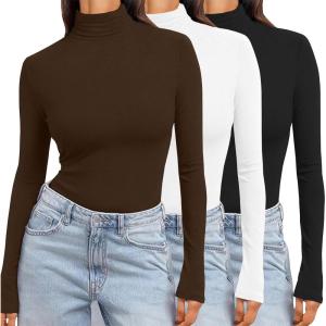 Ekouaer Women’s 3 Pack Turtleneck Long Sleeve Shirts Slim Fit Thermal Underwear Tops Lightweight Pullover Tees(Black/White/Brown)