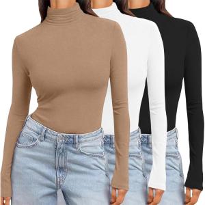 Ekouaer Women’s 3 Pack Turtleneck Long Sleeve Shirts Slim Fit Thermal Underwear Tops Lightweight Pullover Tees(Black/White/Khaki)