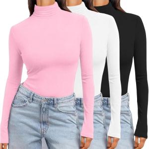 Ekouaer Women’s 3 Pack Turtleneck Long Sleeve Shirts Slim Fit Thermal Underwear Tops Lightweight Pullover Tees(Black/White/Pink)