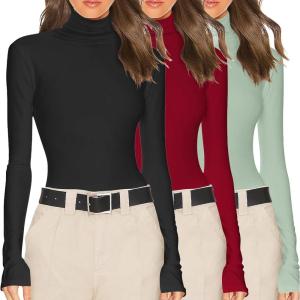 Ekouaer Women’s 3 Pack Turtleneck Long Sleeve Shirts Slim Fit Thermal Underwear Tops Lightweight Pullover Tees(Black/Wine/Green)