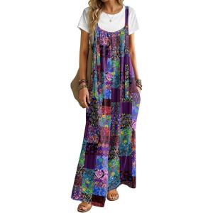 Ekouaer Women’s Casual Overalls Boho Floral Loose Wide Leg Jumpsuits Summer Pleated Outfits with Pockets(A Blue Boho Print)