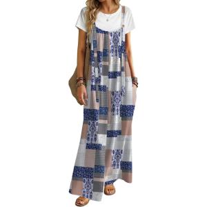 Ekouaer Women’s Casual Overalls Boho Floral Loose Wide Leg Jumpsuits Summer Pleated Outfits with Pockets(Grey Boho Print)