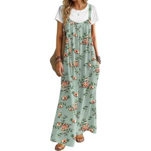 Ekouaer Women’s Casual Overalls Boho Floral Loose Wide Leg Jumpsuits Summer Pleated Outfits with Pockets(Light Green Floral)