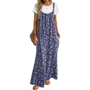 Ekouaer Women’s Casual Overalls Boho Floral Loose Wide Leg Jumpsuits Summer Pleated Outfits with Pockets(Navy Floral)