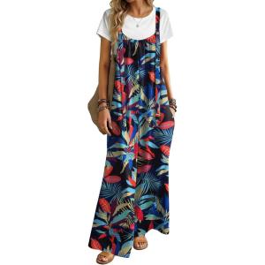 Ekouaer Women’s Casual Overalls Boho Floral Loose Wide Leg Jumpsuits Summer Pleated Outfits with Pockets(Navy Leaves)