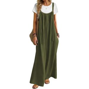 Ekouaer Women’s Casual Overalls Boho Floral Loose Wide Leg Jumpsuits Summer Pleated Outfits with Pockets(Olive Green)