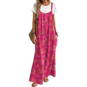 Ekouaer Women’s Casual Overalls Boho Floral Loose Wide Leg Jumpsuits Summer Pleated Outfits with Pockets(Rose Red Floral)