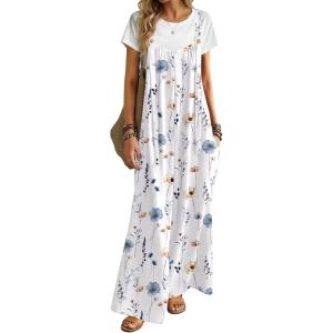 Ekouaer Women’s Casual Overalls Boho Floral Loose Wide Leg Jumpsuits Summer Pleated Outfits with Pockets(White Floral)