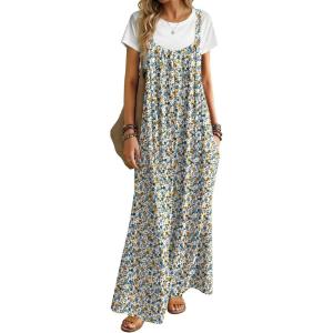 Ekouaer Women’s Casual Overalls Boho Floral Loose Wide Leg Jumpsuits Summer Pleated Outfits with Pockets(White Mini Floral)