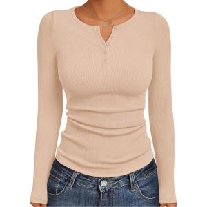 Ekouaer Women’s Long Sleeve Henley Shirts Button Ribbed Knit Tops Basic Layering Slim Fit Soft Thermal Underwear Tops(Beige)