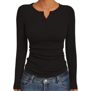Ekouaer Women’s Long Sleeve Henley Shirts Button Ribbed Knit Tops Basic Layering Slim Fit Soft Thermal Underwear Tops(Black)