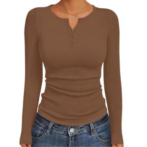 Ekouaer Women’s Long Sleeve Henley Shirts Button Ribbed Knit Tops Basic Layering Slim Fit Soft Thermal Underwear Tops(Brown)