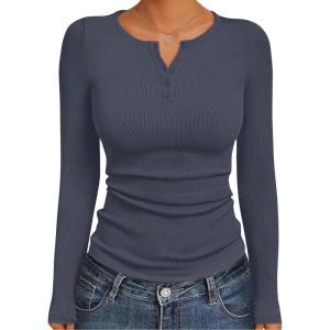 Ekouaer Women’s Long Sleeve Henley Shirts Button Ribbed Knit Tops Basic Layering Slim Fit Soft Thermal Underwear Tops(Dark Gray)
