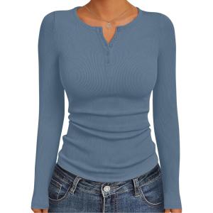 Ekouaer Women’s Long Sleeve Henley Shirts Button Ribbed Knit Tops Basic Layering Slim Fit Soft Thermal Underwear Tops(Grey Blue)