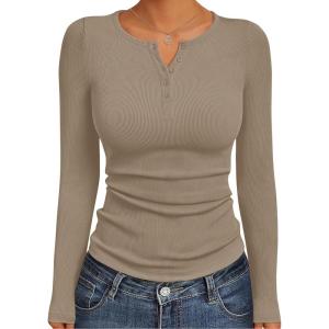 Ekouaer Women’s Long Sleeve Henley Shirts Button Ribbed Knit Tops Basic Layering Slim Fit Soft Thermal Underwear Tops(Khaki)