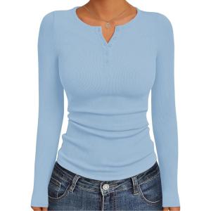 Ekouaer Women’s Long Sleeve Henley Shirts Button Ribbed Knit Tops Basic Layering Slim Fit Soft Thermal Underwear Tops(Light Blue)