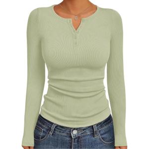 Ekouaer Women’s Long Sleeve Henley Shirts Button Ribbed Knit Tops Basic Layering Slim Fit Soft Thermal Underwear Tops(Light Green)
