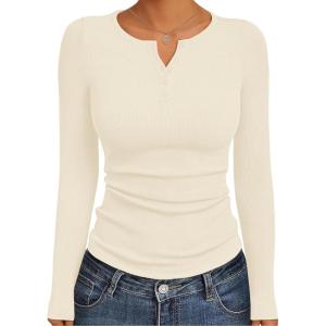 Ekouaer Women’s Long Sleeve Henley Shirts Button Ribbed Knit Tops Basic Layering Slim Fit Soft Thermal Underwear Tops(Off-white)