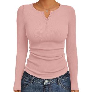 Ekouaer Women’s Long Sleeve Henley Shirts Button Ribbed Knit Tops Basic Layering Slim Fit Soft Thermal Underwear Tops(Pink)