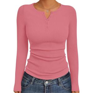 Ekouaer Women’s Long Sleeve Henley Shirts Button Ribbed Knit Tops Basic Layering Slim Fit Soft Thermal Underwear Tops(Rose Pink)