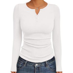 Ekouaer Women’s Long Sleeve Henley Shirts Button Ribbed Knit Tops Basic Layering Slim Fit Soft Thermal Underwear Tops(White)
