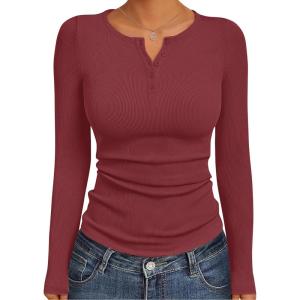 Ekouaer Women’s Long Sleeve Henley Shirts Button Ribbed Knit Tops Basic Layering Slim Fit Soft Thermal Underwear Tops(Wine Red)
