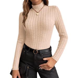 Ekouaer Women’s Long Sleeve Mock Turtleneck Tops Ribbed Shirts Fleece Soft Thermal Undershirts Tee(Beige)